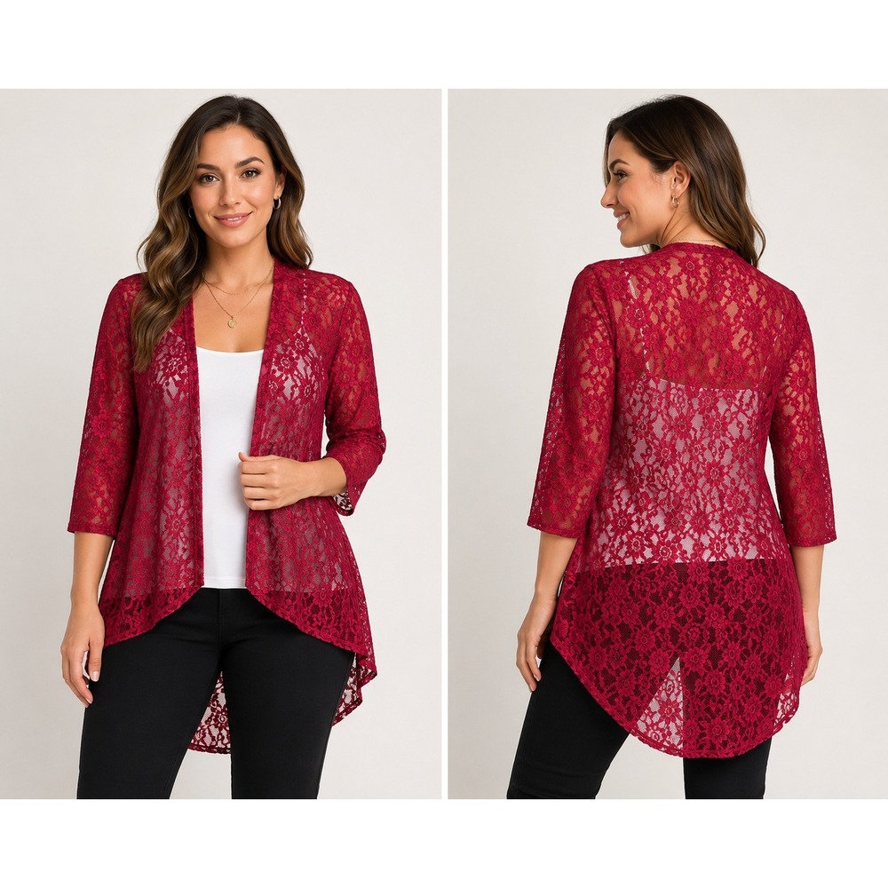 Espresso Womens Red Floral Lace Sheer Open Front High Low Cardigan L MIT13169
